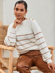 Sosandar Cream Metallic Stripe Button Shoulder Jumper - Image 1 of 5