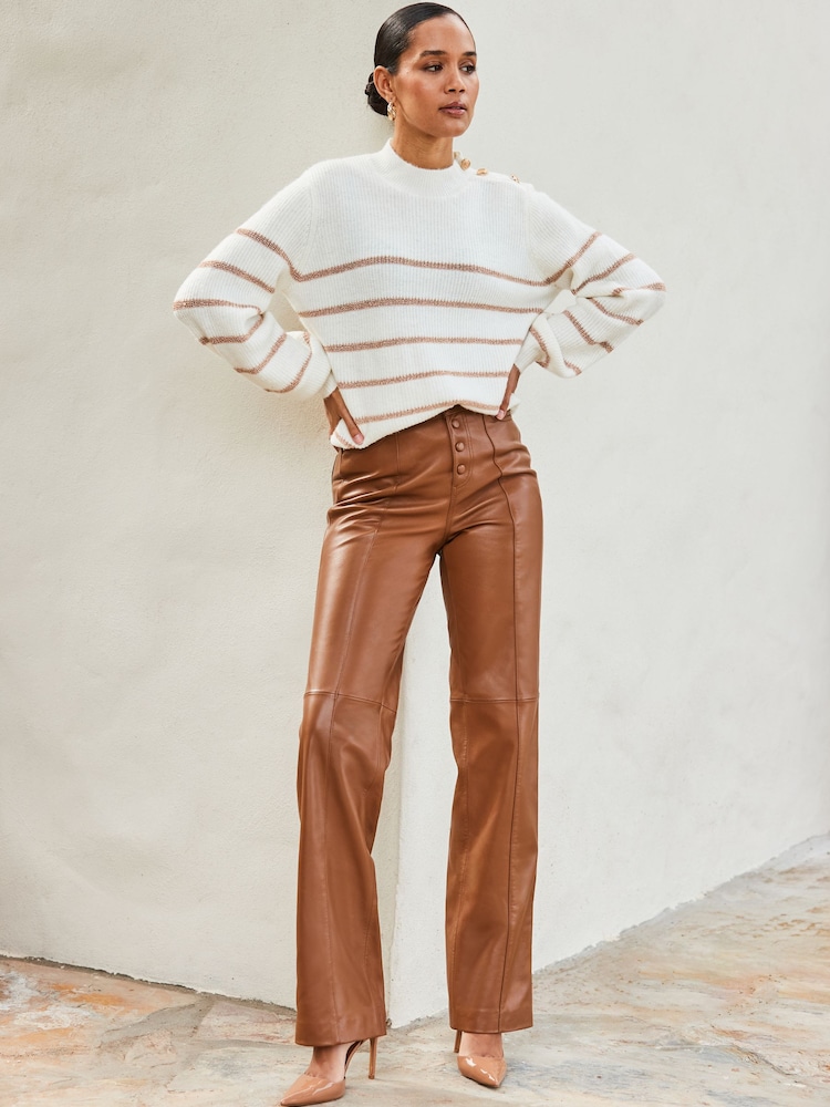 Sosandar Cream Metallic Stripe Button Shoulder Jumper - Image 2 of 5