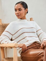 Sosandar Cream Metallic Stripe Button Shoulder Jumper - Image 3 of 5