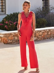 Sosandar Pink Ruffle Detail Wide Leg Jumpsuit - Image 4 of 5