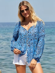 Sosandar Blue Metallic Leopard Print Button Front Blouse - Image 6 of 6