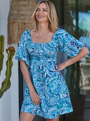 Sosandar Blue Paisley Print Puff Sleeve Jersey Dress - Image 3 of 5