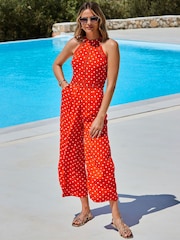 Sosandar Orange Spot Print Ladder Detail Halter Neck Jumpsuit - Image 3 of 5