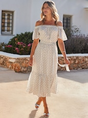 Sosandar White Spot Print Bardot Tiered Maxi Dress - Image 1 of 5