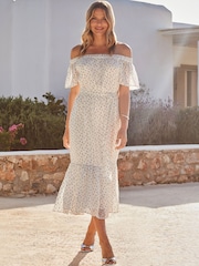 Sosandar White Spot Print Bardot Tiered Maxi Dress - Image 2 of 5