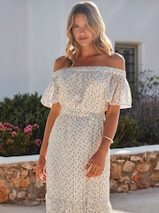 Sosandar White Spot Print Bardot Tiered Maxi Dress - Image 3 of 5