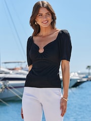 Sosandar Black Textured Ring Detail Jersey Top - Image 1 of 5