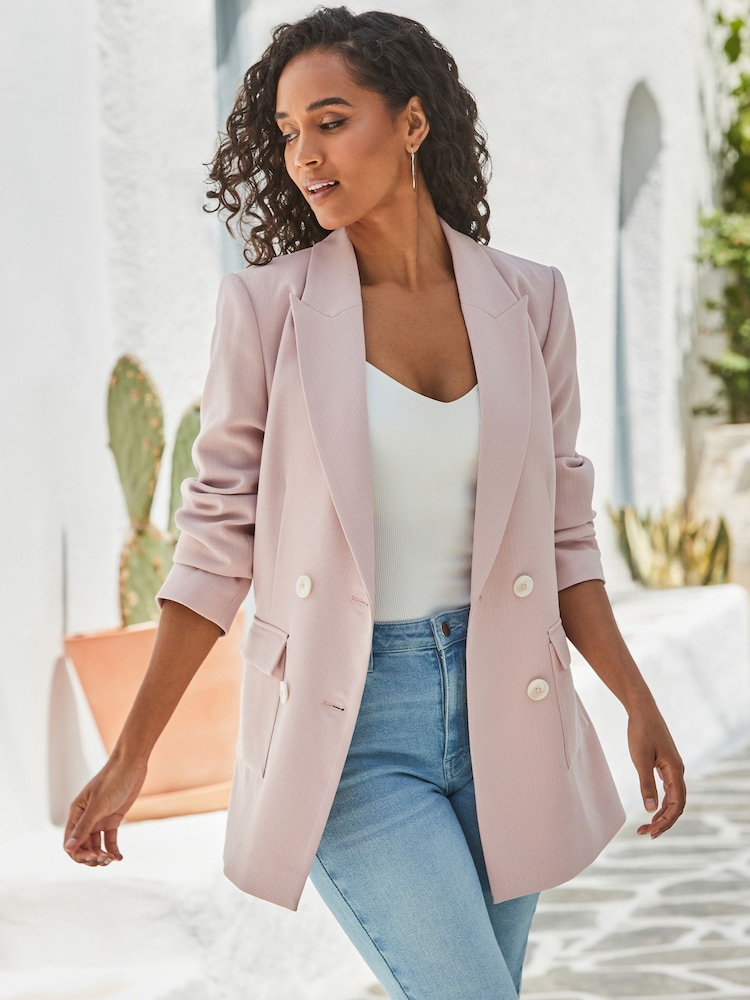 Sosandar Pink Textured Double Breasted Longline Blazer - Image 1 of 5