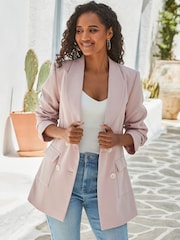 Sosandar Pink Textured Double Breasted Longline Blazer - Image 2 of 5