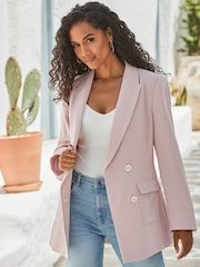 Sosandar Pink Textured Double Breasted Longline Blazer - Image 4 of 5
