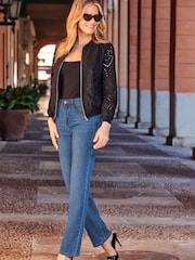 Синий с хромированной отделкой - Sosandar Spot Print Ruched Front Midi Jersey Jeans - Image 2 of 5
