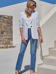 Синий с хромированной отделкой - Sosandar Spot Print Ruched Front Midi Jersey Jeans - Image 3 of 5
