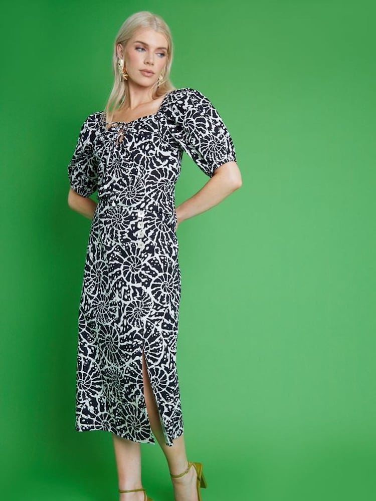 Another Sunday 100% Cotton Midi Split Front Mono Shell Print Black Skirt - Image 1 of 3