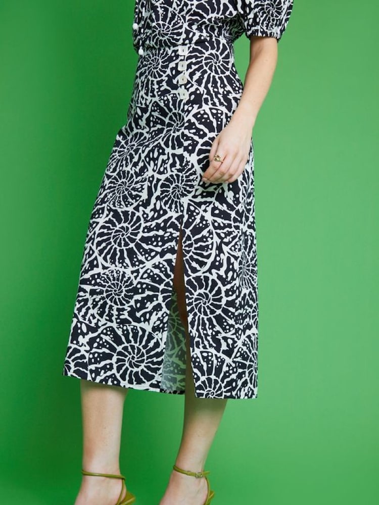 Another Sunday 100% Cotton Midi Split Front Mono Shell Print Black Skirt - Image 2 of 3