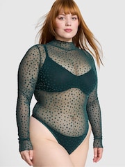 Victoria's Secret PINK Deep Forest Green Star Chaser Lace Mock Neck Bodysuit - Image 1 of 3