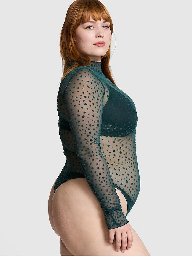 Victoria's Secret PINK Deep Forest Green Star Chaser Lace Mock Neck Bodysuit - Image 2 of 3