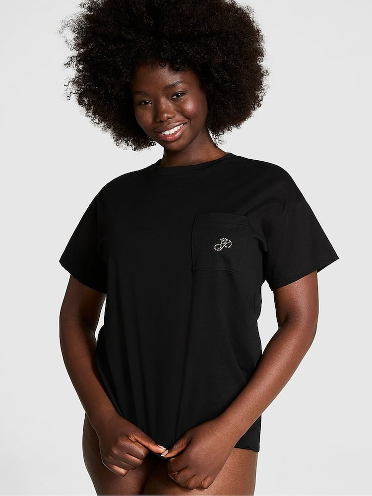 Victoria's Secret PINK Black Diamante Cotton Pyjama T-Shirt - Image 1 of 3