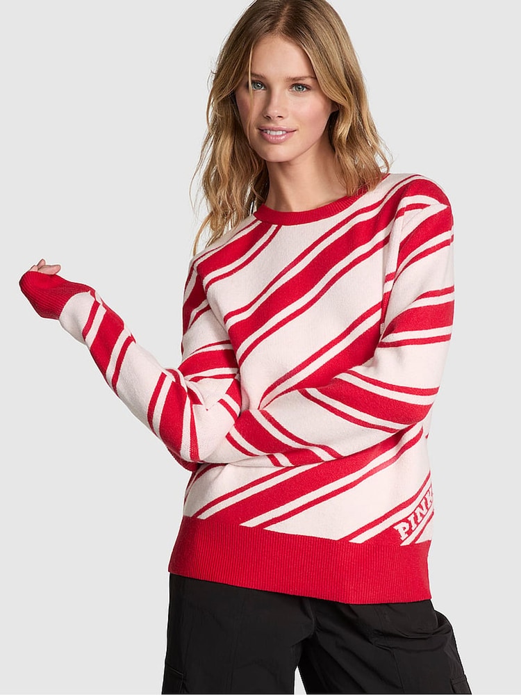 Victoria's Secret PINK White Shell Candy Cane Stripe Christmas Crewneck Jumper - Image 1 of 4