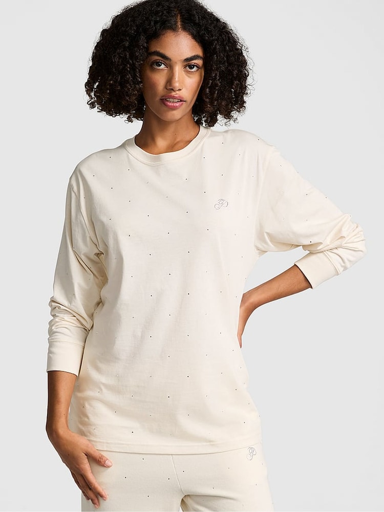 Victoria's Secret PINK White Shell Long Sleeve Diamante Oversized T-Shirt - Image 1 of 3