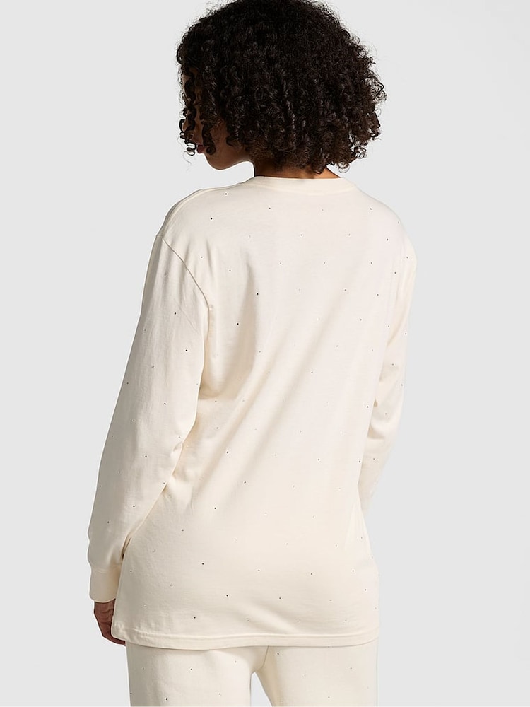 Victoria's Secret PINK White Shell Long Sleeve Diamante Oversized T-Shirt - Image 2 of 3