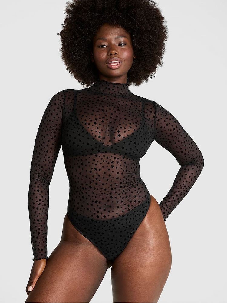 Victoria's Secret PINK Black Star Chaser Lace Mock Neck Bodysuit - Image 1 of 3