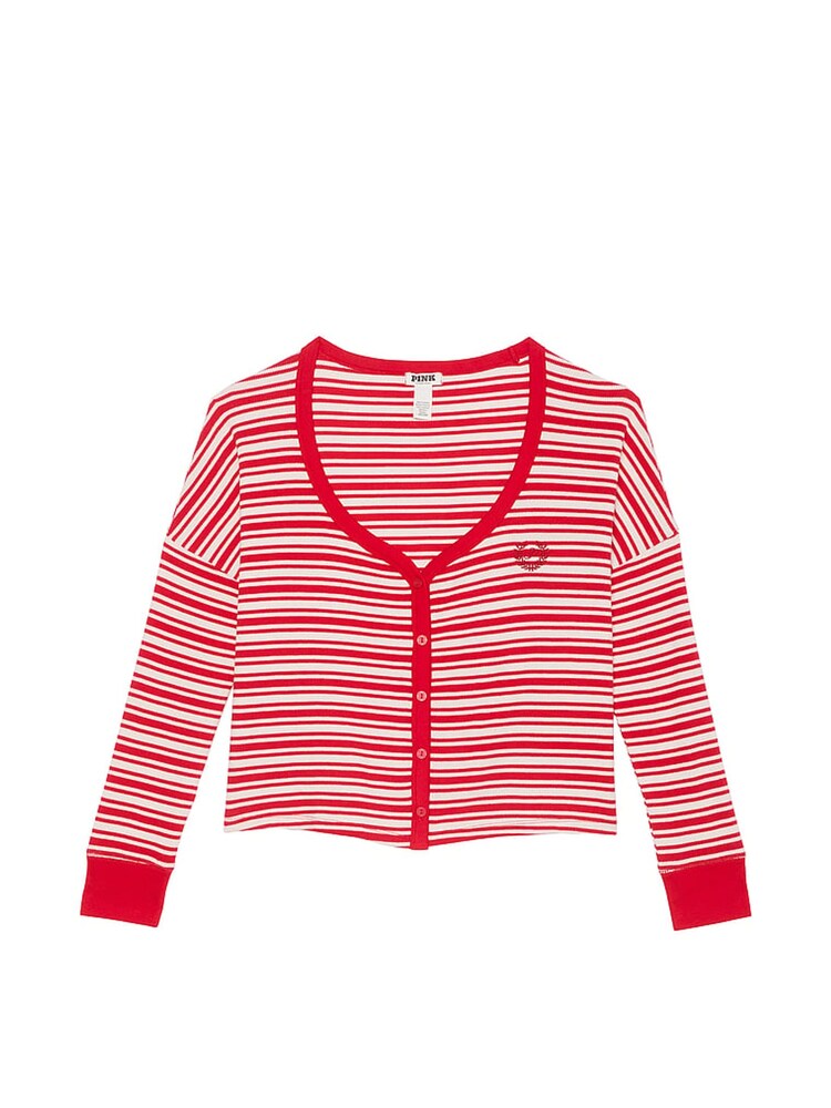 Victoria's Secret PINK Vermillion Red Stripes Thermal Cropped Cardigan Pyjama Top - Image 3 of 3