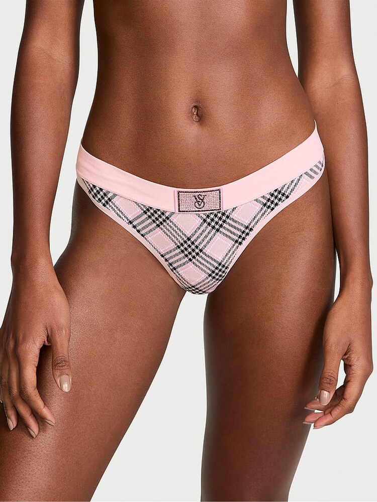 Victoria's Secret Pink Plaid Thong Logo Shine Patch Knickers - Image 1 of 3