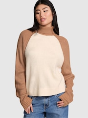 Victoria's Secret PINK White Shell / Toffee Brown Turtleneck Knitted Jumper - Image 1 of 3