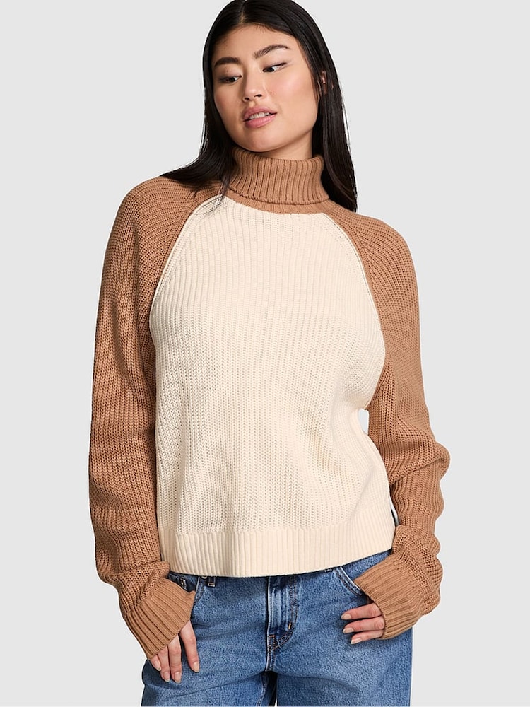 Victoria's Secret PINK White Shell / Toffee Brown Turtleneck Knitted Jumper - Image 1 of 3 Victoria's Secret PINK White Shell / Toffee Brown Turtleneck Knitted Jumper - Image 1 of 3