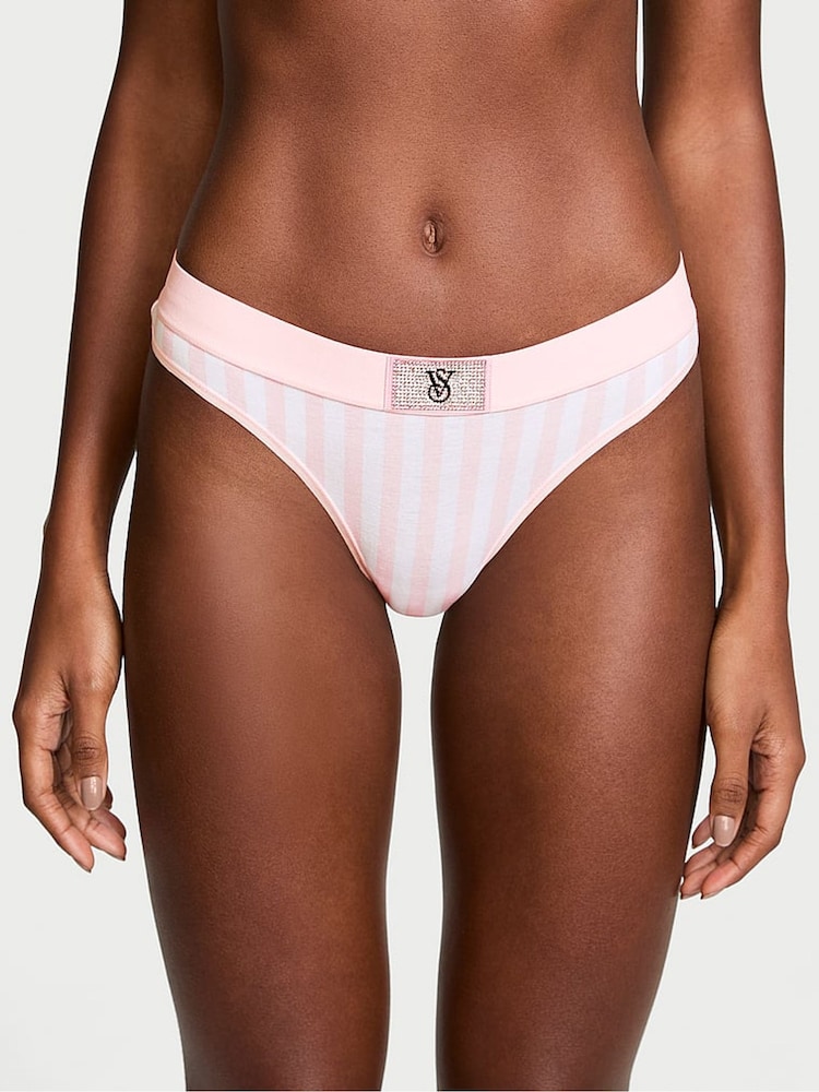 Victoria's Secret Pretty Blossom Pink Stripe Thong Logo Shine Patch Knickers - Image 1 of 3