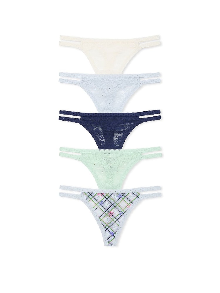 Victoria's Secret PINK White/Blue/Navy/Green Thong 5 Pack Knickers - Image 1 of 3