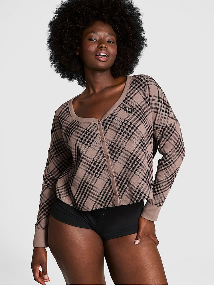 Victoria's Secret PINK Iced Coffee Brown Thermal Cropped Cardigan Pyjama Top - Image 1 of 3