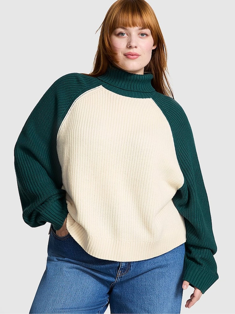Victoria's Secret PINK White Shell / Deep Forest Green Turtleneck Knitted Jumper - Image 1 of 3