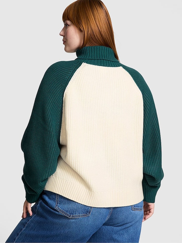 Victoria's Secret PINK White Shell / Deep Forest Green Turtleneck Knitted Jumper - Image 2 of 3