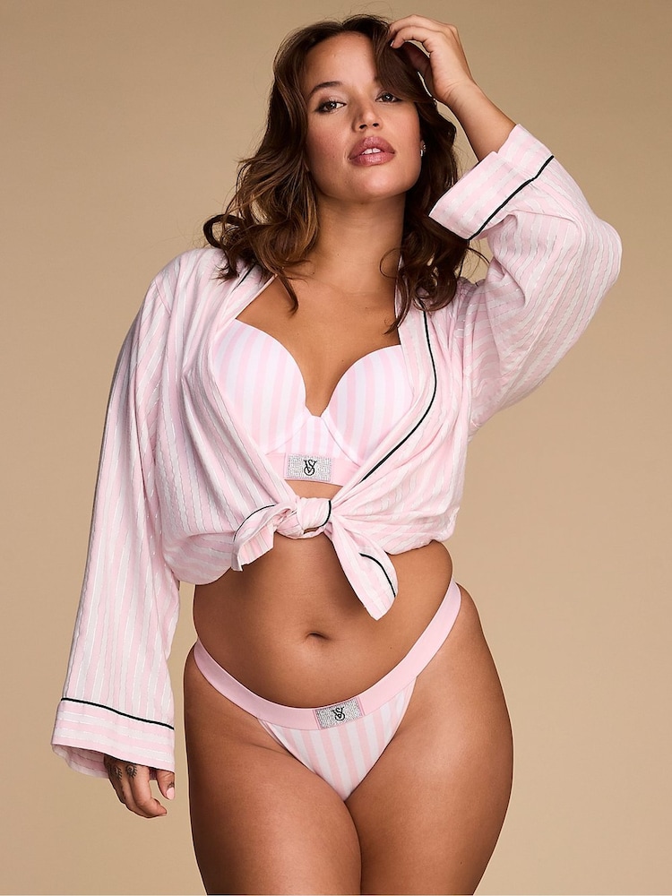 Victoria's Secret Pretty Blossom Pink Stripe Brazilian Logo Shine Patch Knickers - Image 1 of 2 Victoria's Secret Pretty Blossom Pink Stripe Brazilian Logo Shine Patch Knickers - Image 1 of 2