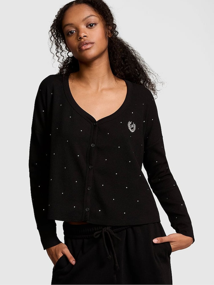 Victoria's Secret PINK Black Diamante Thermal Cropped Cardigan Pyjama Top - Image 1 of 4