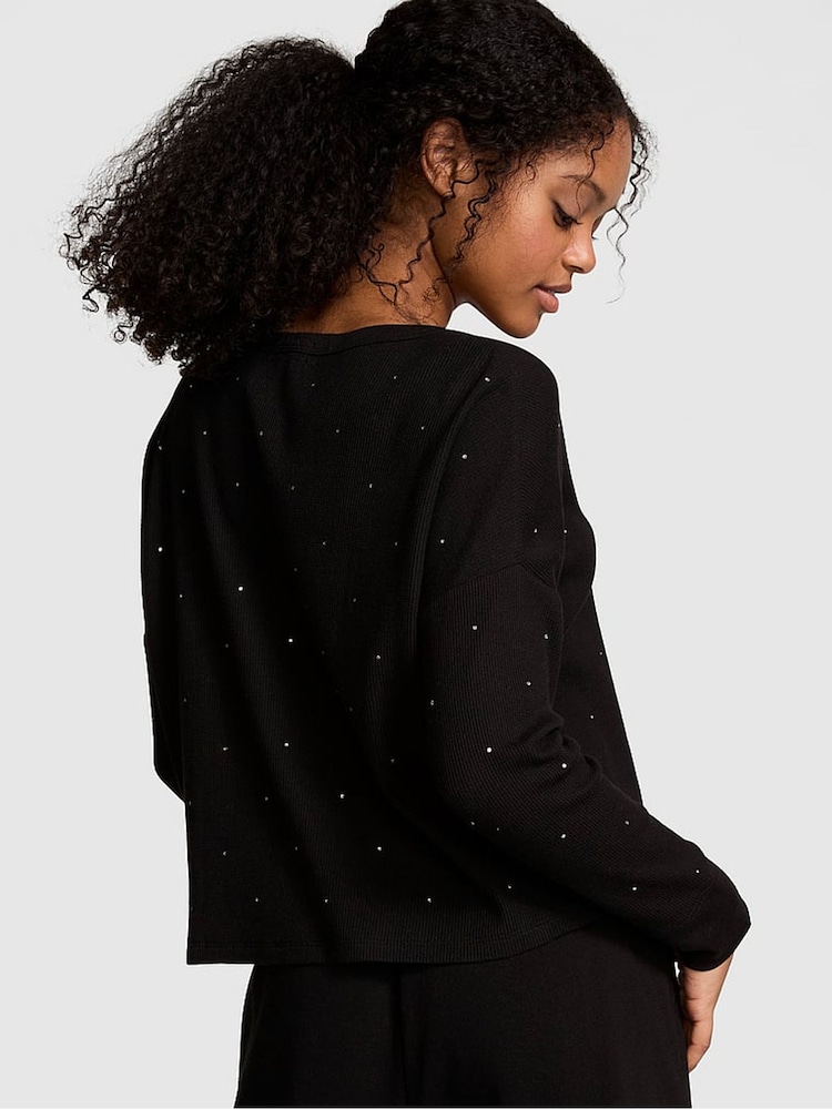 Victoria's Secret PINK Black Diamante Thermal Cropped Cardigan Pyjama Top - Image 2 of 4