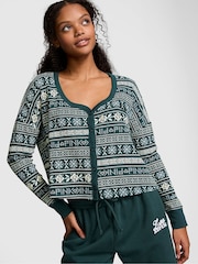 Victoria's Secret PINK Deep Forest Green Thermal Cropped Cardigan Pyjama Top - Image 1 of 3