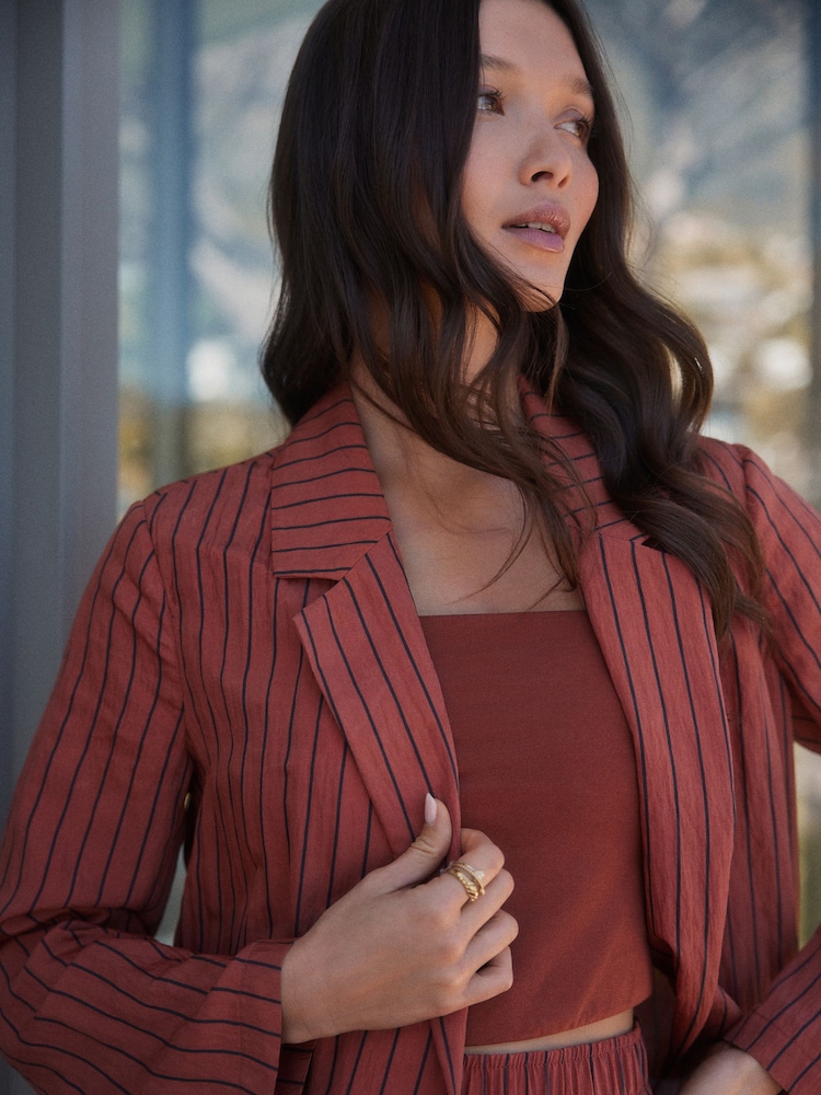 Rust Brown Stripe Relaxed Textured Blazer - Image 4 of 5