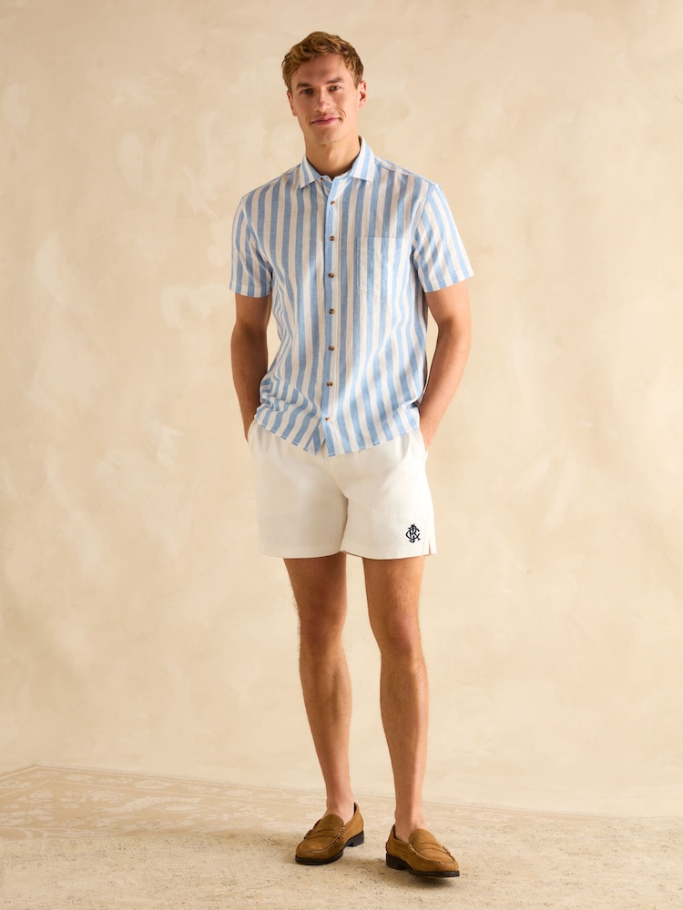 Joules Linen Blend Blue & White Stripe Short Sleeve Shirt - Image 4 of 7