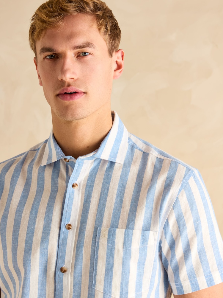 Joules Linen Blend Blue & White Stripe Short Sleeve Shirt - Image 5 of 7