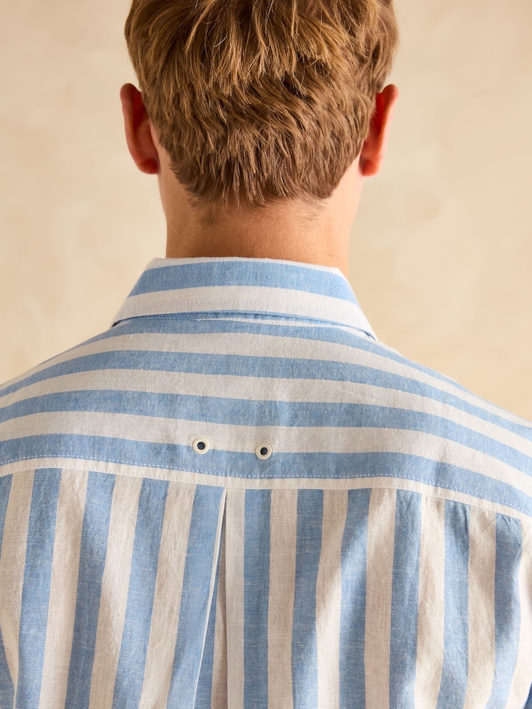 Joules Linen Blend Blue & White Stripe Short Sleeve Shirt - Image 6 of 7