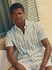 Joules Linen Blend Green/ White Stripe Short Sleeve Shirt - Image 2 of 9