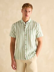 Joules Linen Blend Green/ White Stripe Short Sleeve Shirt - Image 3 of 9