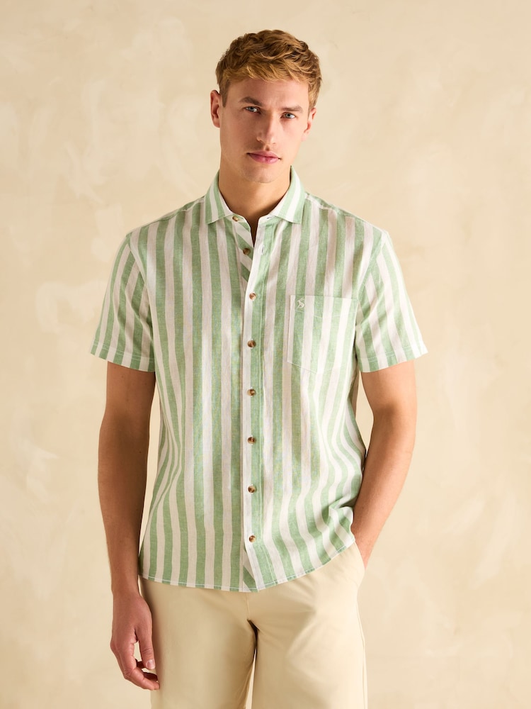 Joules Linen Blend Green/ White Stripe Short Sleeve Shirt - Image 3 of 9