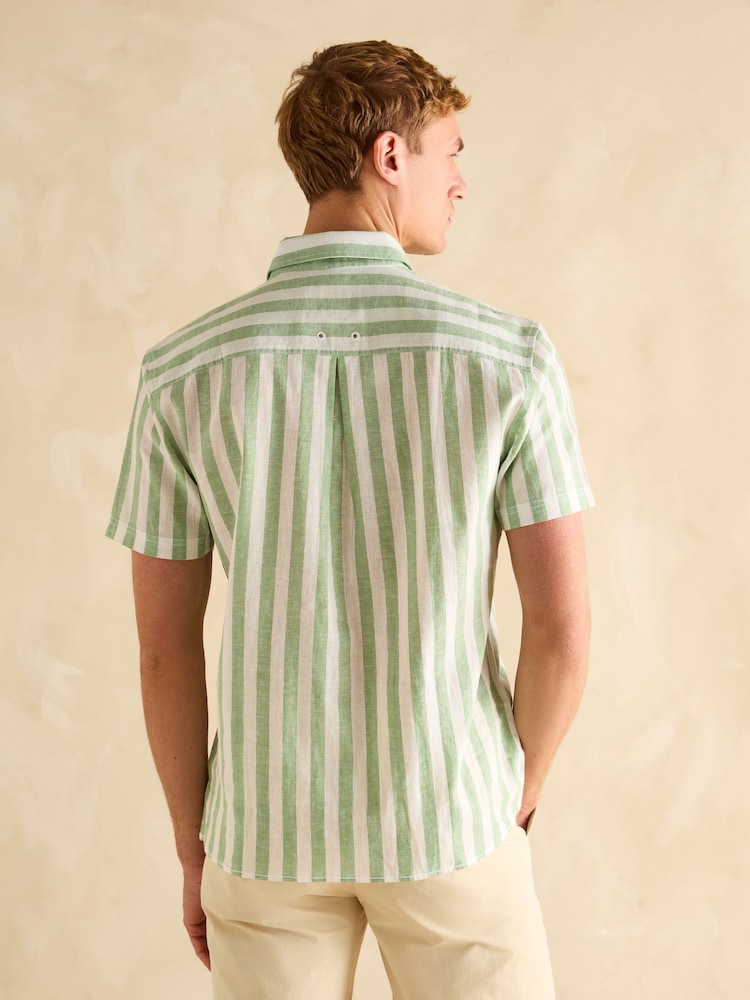 Joules Linen Blend Green/ White Stripe Short Sleeve Shirt - Image 4 of 9