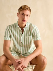 Joules Linen Blend Green/ White Stripe Short Sleeve Shirt - Image 5 of 9