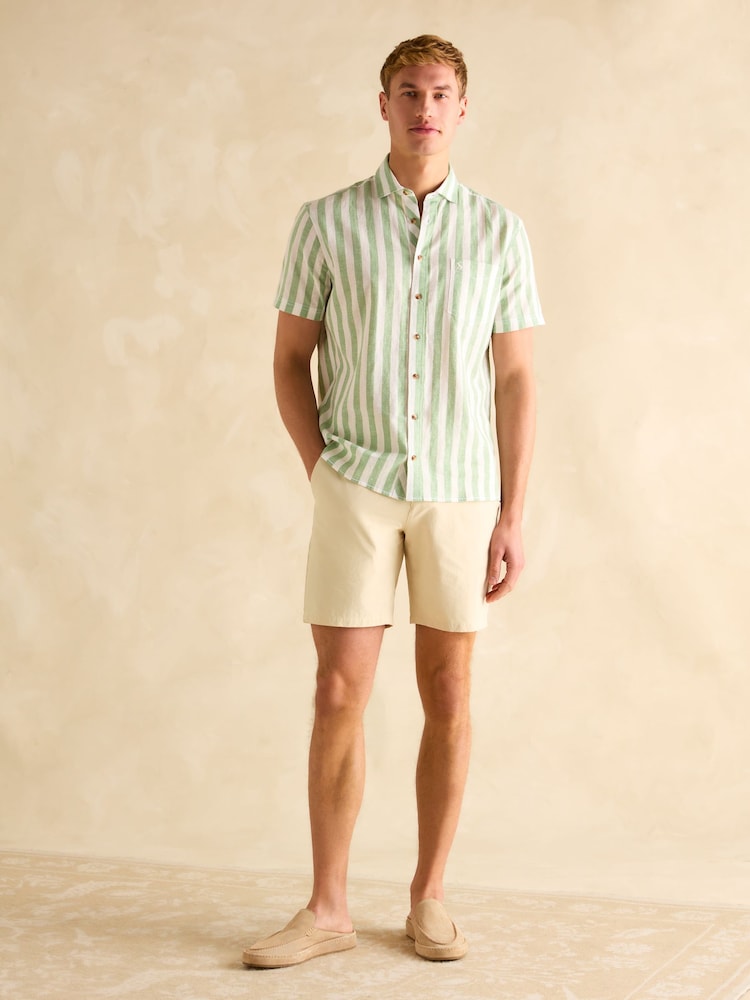 Joules Linen Blend Green/ White Stripe Short Sleeve Shirt - Image 6 of 9