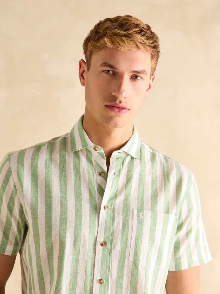 Joules Linen Blend Green/ White Stripe Short Sleeve Shirt - Image 7 of 9