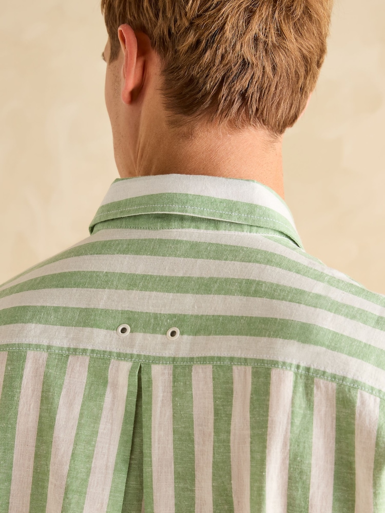 Joules Linen Blend Green/ White Stripe Short Sleeve Shirt - Image 8 of 9